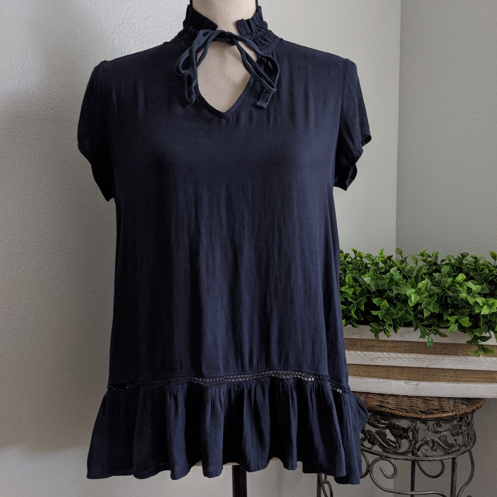 Ro & De ruffle split neck blouse